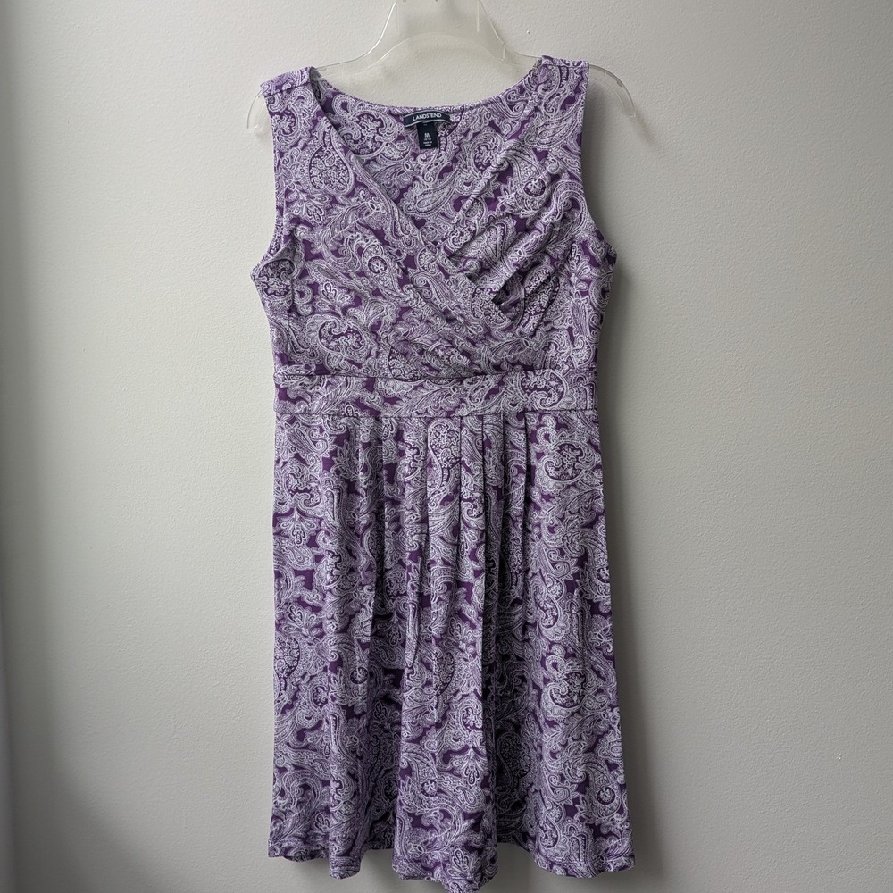 Lands End Fit & Flare Dress Purple Paisley Surplice V-Neck Sleeveless M 10-12